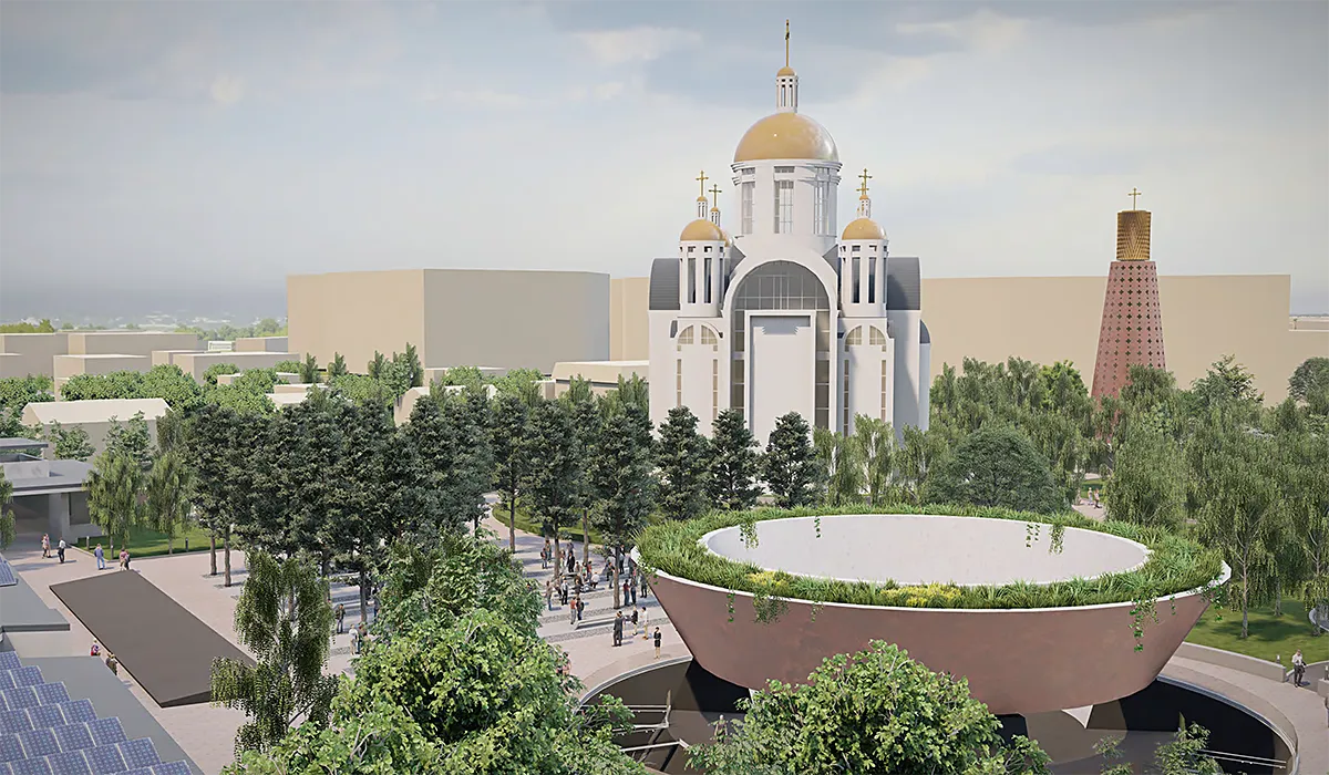 Bucha Memorial rendering, low arial view